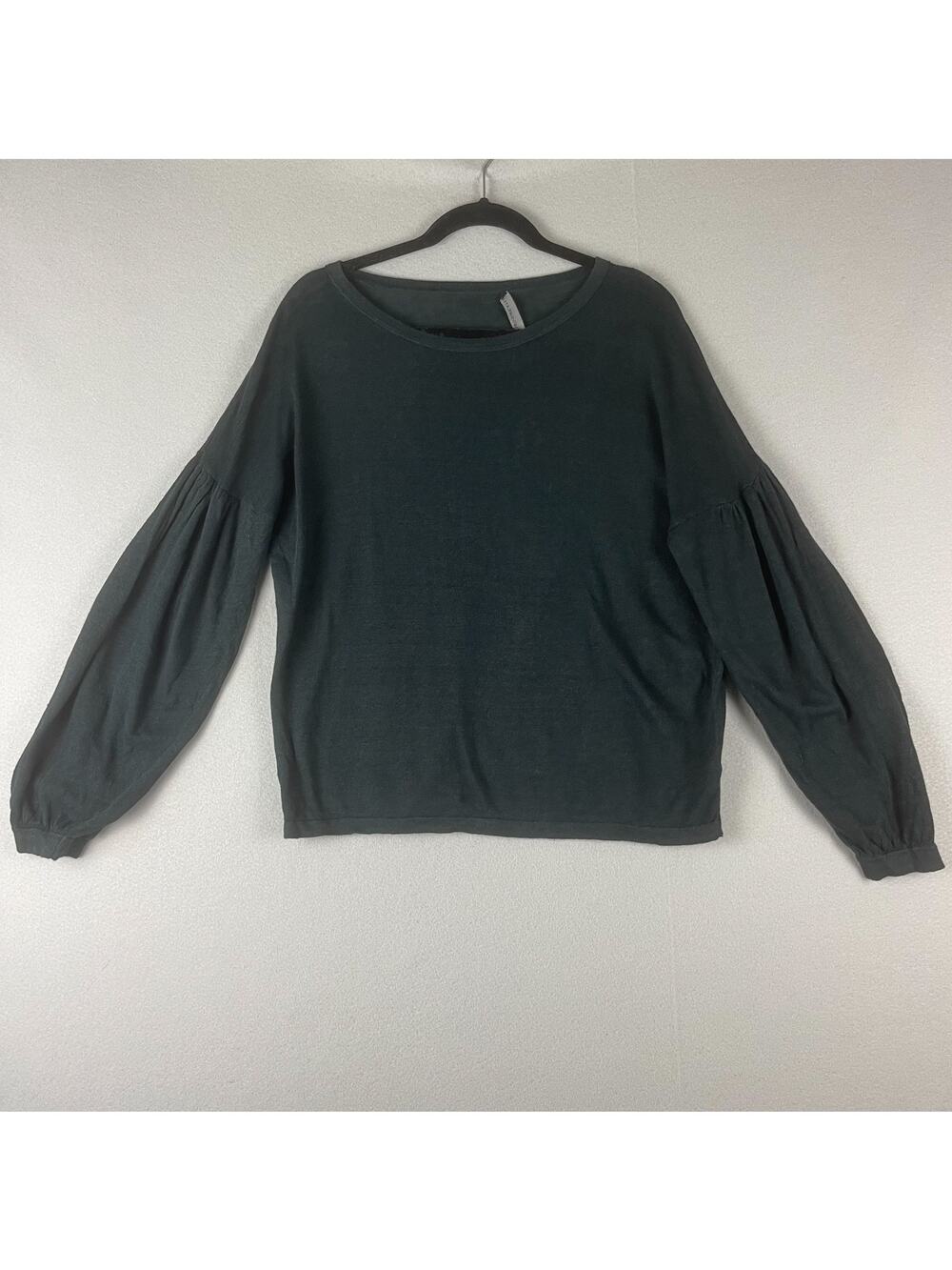 360 Sweater Linen Womens Medium Black Balloon Sleeve Relaxed Minimalist Chic
